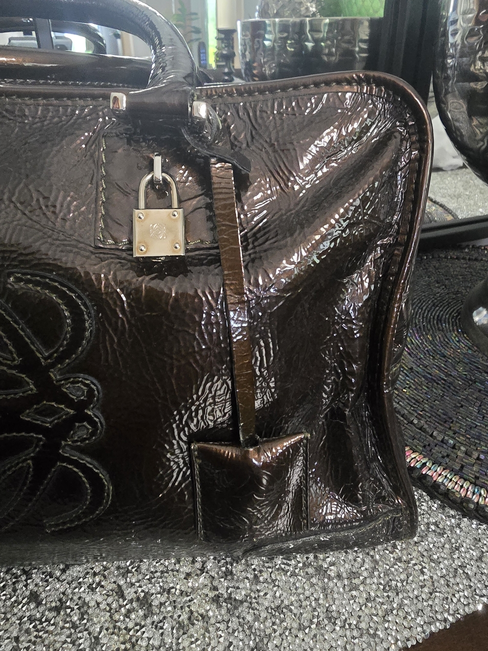 Loewe Patent Leather Top-Handle Satchel in Dark Brown - Picture 3 of 16